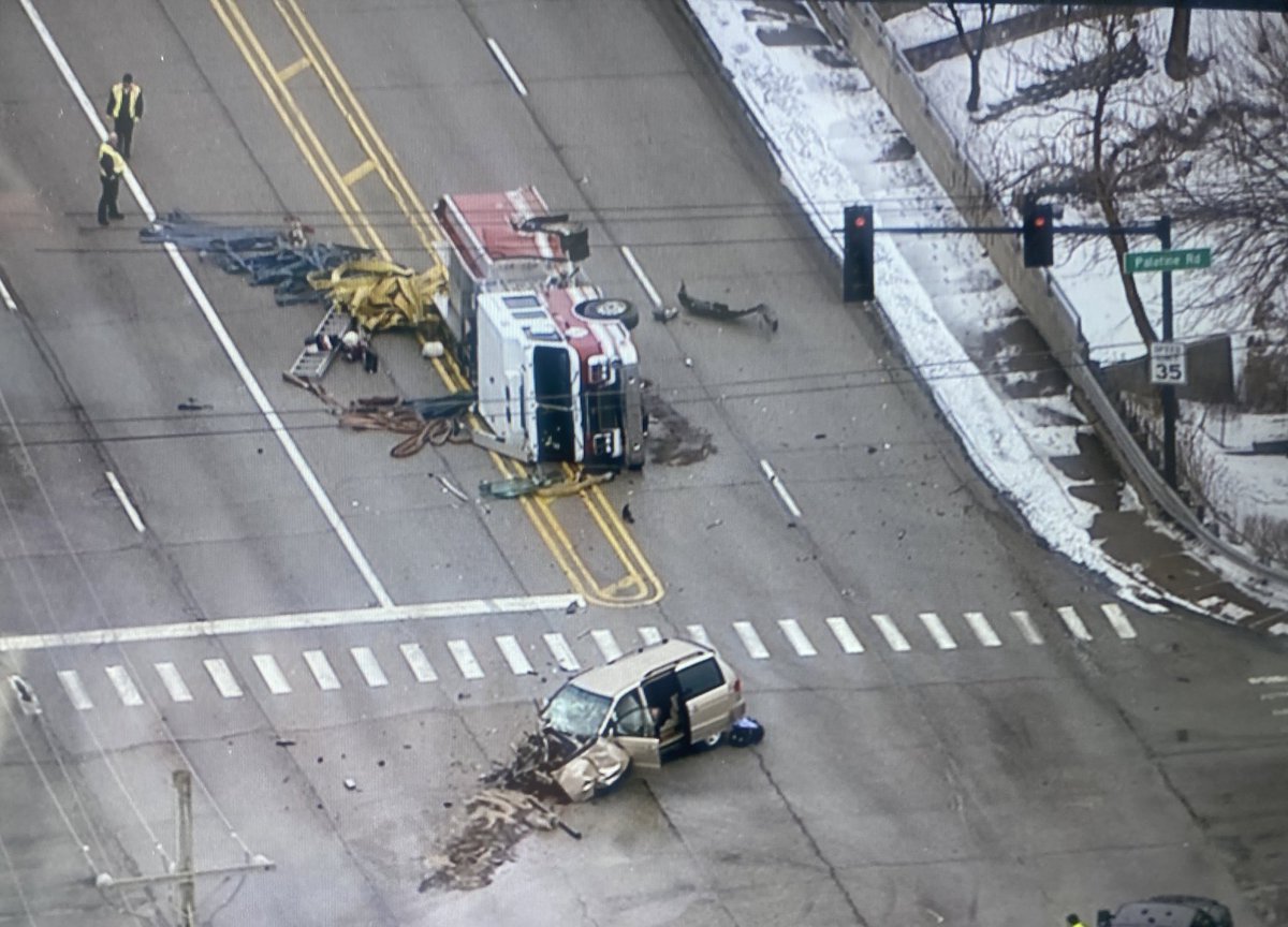 Palatine - Rollover crash involving a Palatine fire engine & a van blocks the intersection of Palatine Rd &amp; Quentin. Haven't heard if anyone was injured or not, but there is significant damage to both vehicles