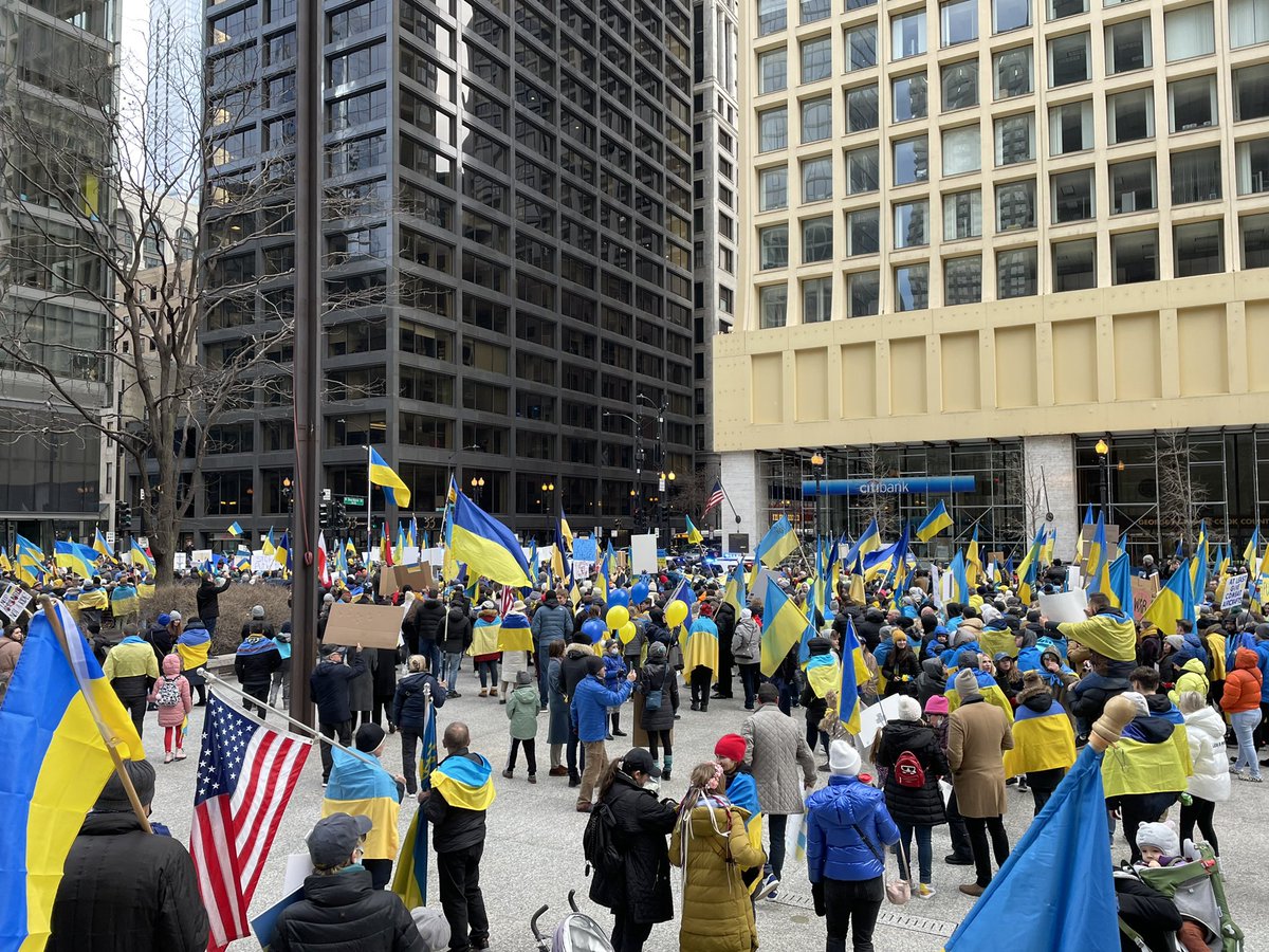 Chants of close the sky and hands off Ukraine echoing through the Loop now as the group marches east on Washington toward Millennium Park