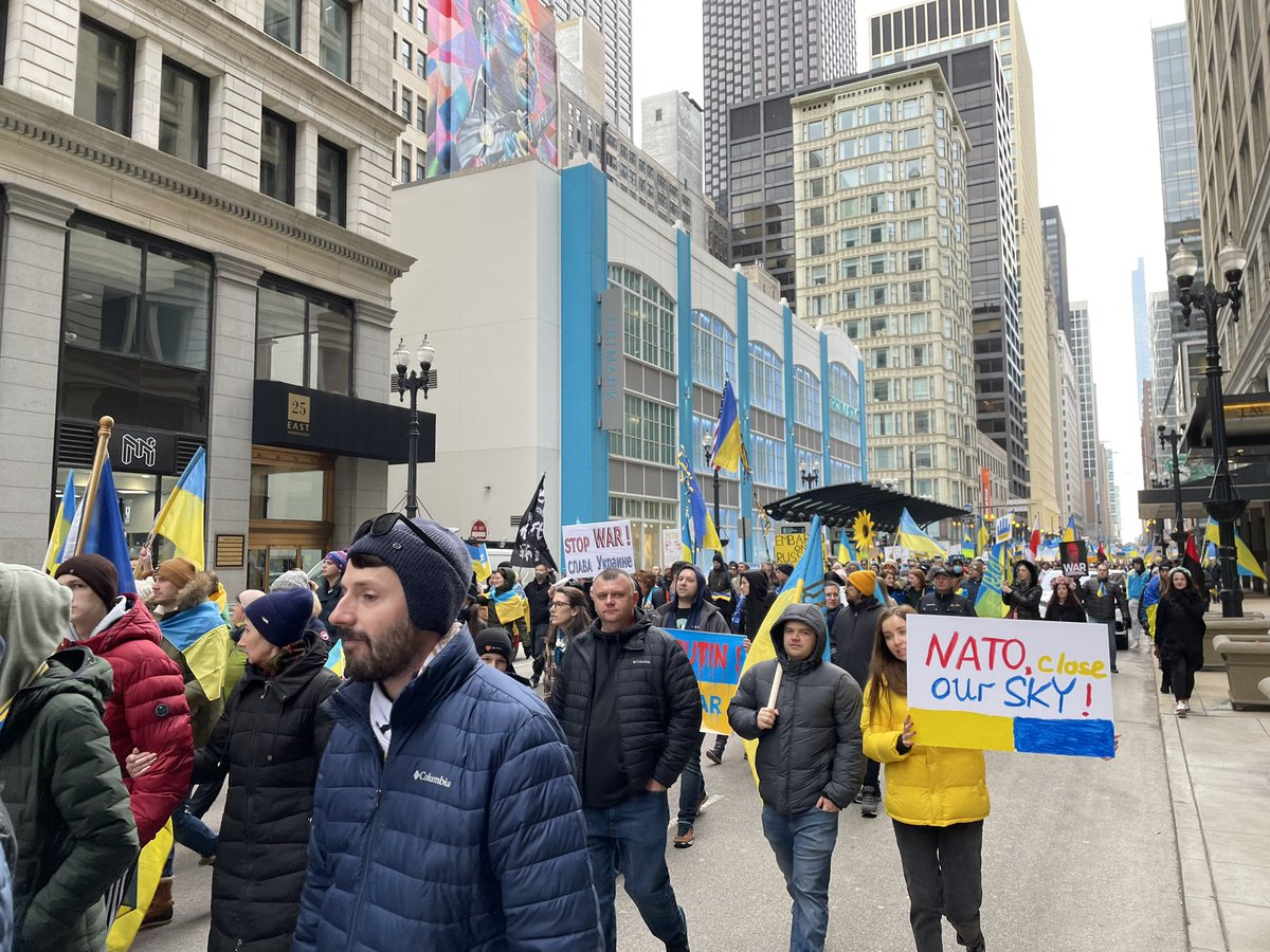 Chants of close the sky and hands off Ukraine echoing through the Loop now as the group marches east on Washington toward Millennium Park