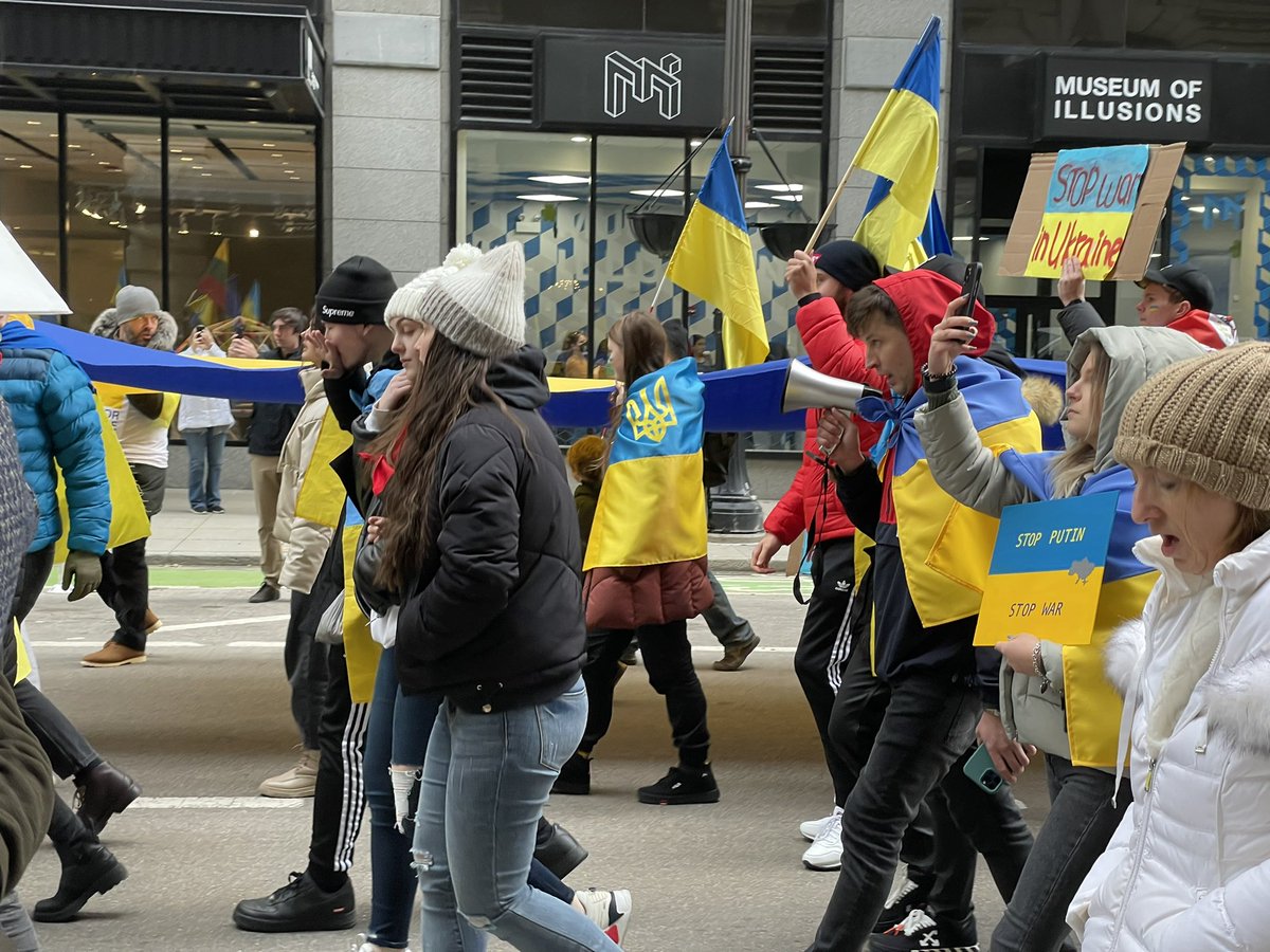 Chants of close the sky and hands off Ukraine echoing through the Loop now as the group marches east on Washington toward Millennium Park