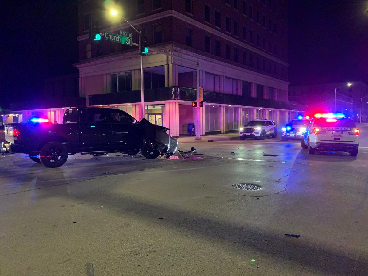 Scene of a crash on North Church and West State Street, involving multiple vehicles. There are no reports of injuries yet, but multiple ambulances were at the scene. 