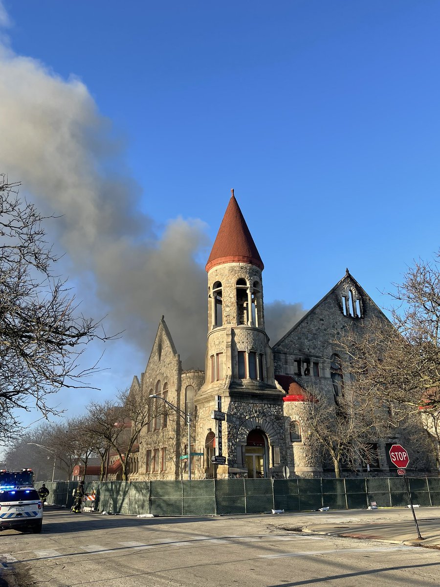 Clouds of smoke just started bursting again from the Antioch Baptist Church in Englewood.   The fire was contained yesterday evening and everything appeared to be calm through the morning.  Fire crews just arrived on scene.