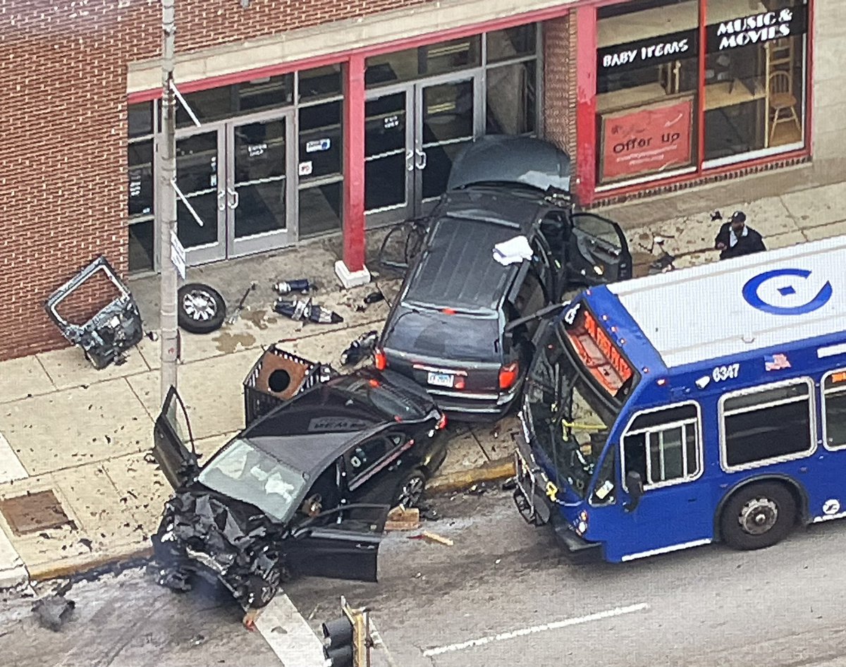 Three vehicle crash - two heavily damaged passenger vehicles and a slightly damaged Pace bus - blocking Roosevelt Road between 17th and 18th Avenues in Broadview. No word on injuries yet