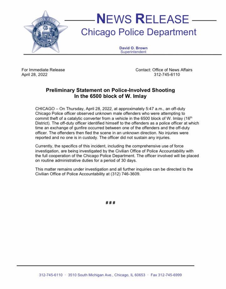 Preliminary Statement of Police Involved Shooting in the 6500 Block of W. Imlay