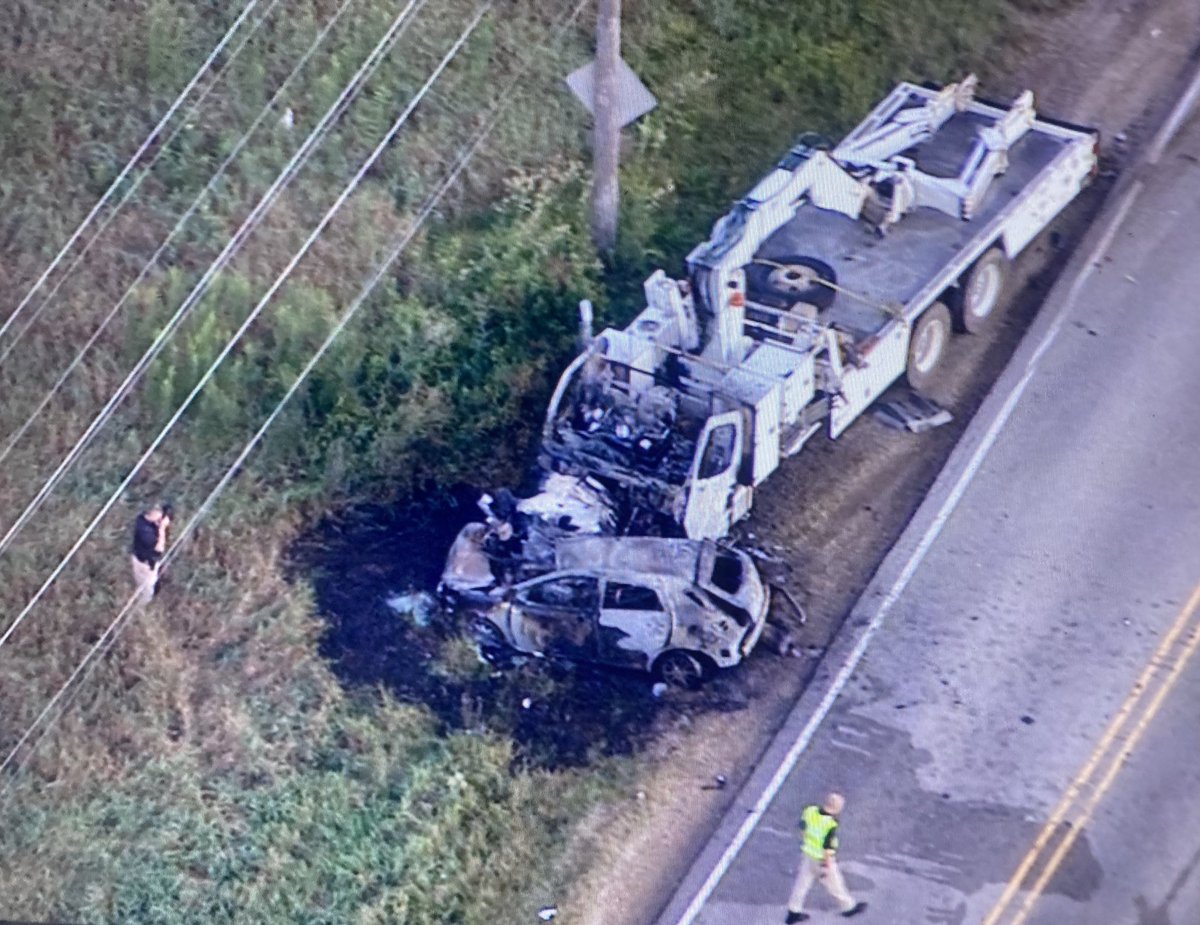 Marengo - crash blocks Rt 23 between Dunham Rd & Busse Rd. Utility truck &amp; another vehicle crashed &amp; caught fire. Police are investigating