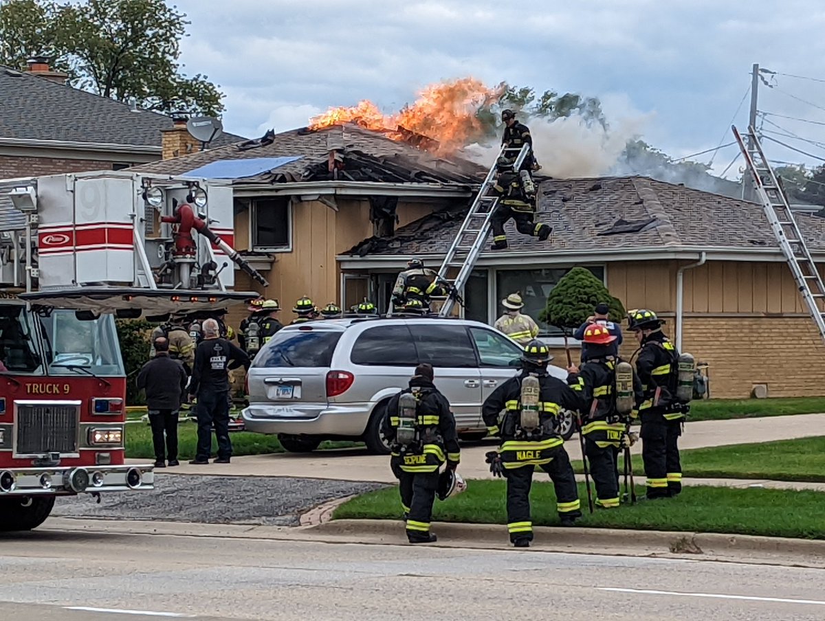 DesPlaines - Crews are on scene of a house fire in 500 block of S. Mt. Prospect Road. fire in roof with flames and smoke showing. MP closed between Golf and Thacker/Dempster