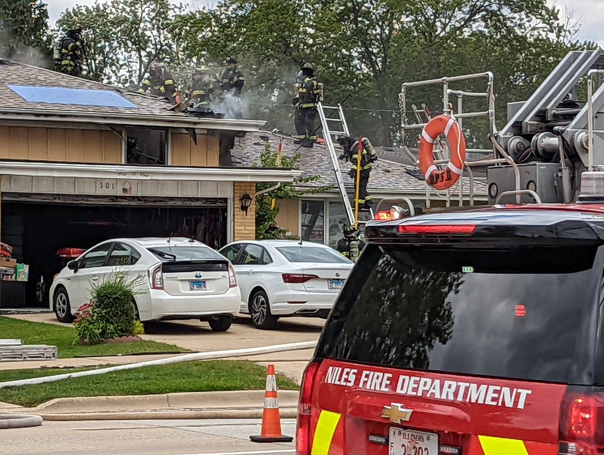 DesPlaines - Crews are on scene of a house fire in 500 block of S. Mt. Prospect Road. fire in roof with flames and smoke showing. MP closed between Golf and Thacker/Dempster