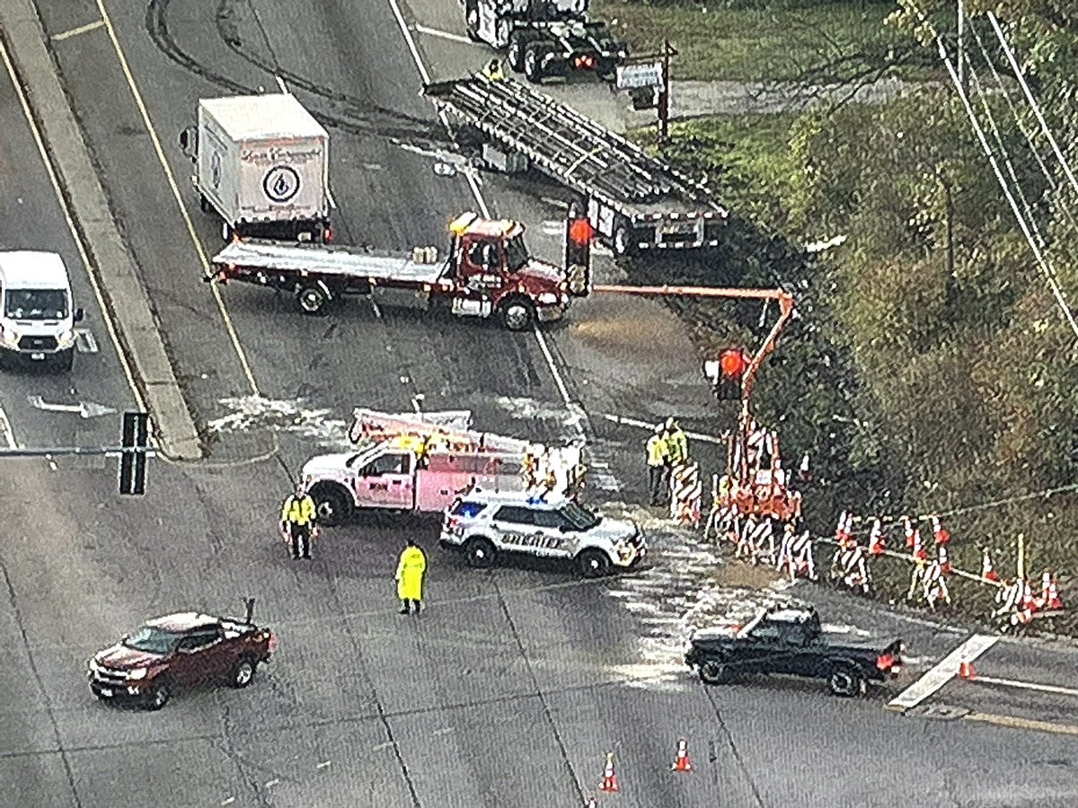 Cleanup continues near Gurnee after a flatbed semi crashed on SB Route 41 at Stearns School Road. SB 41 is blocked at Wadsworth Road, while NB 41 remains open past the scene. Chopper 2 watches traffic at