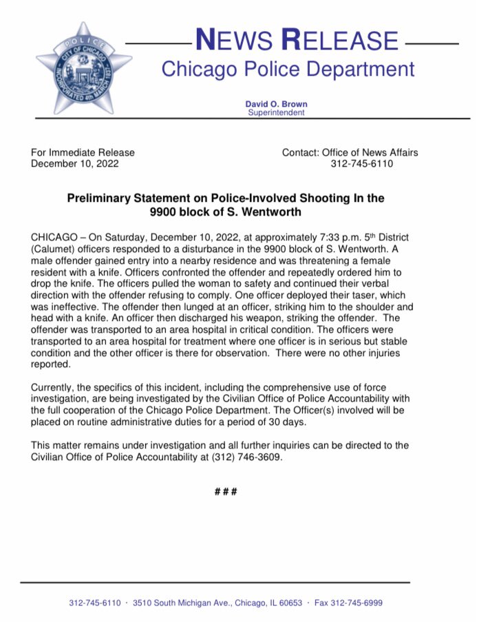Preliminary Statement on Police-Involved Shooting in the 9900 blk of S. Wentworth