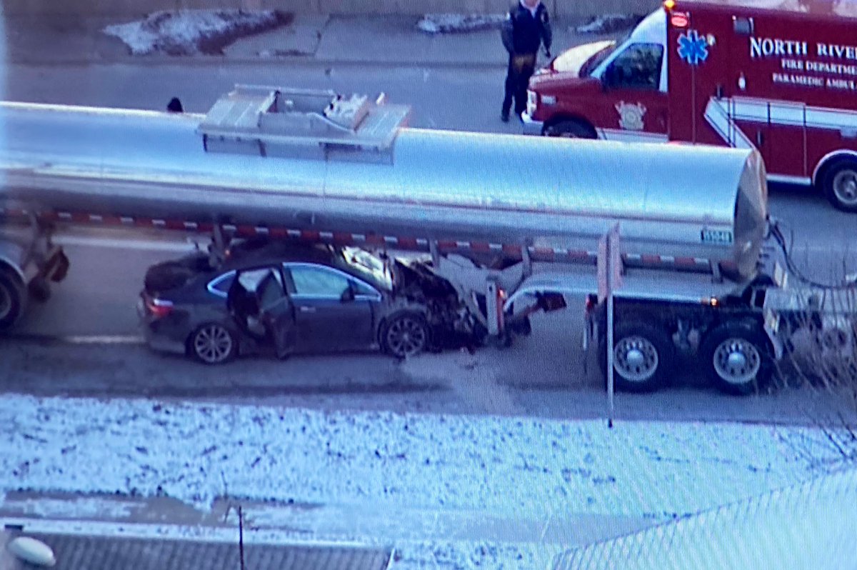 NorthRiverside - crash involving a car under a tanker truck blocks 1st Ave south of the Ike between Cermak & 26th St