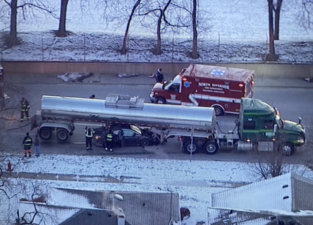 NorthRiverside - crash involving a car under a tanker truck blocks 1st Ave south of the Ike between Cermak & 26th St