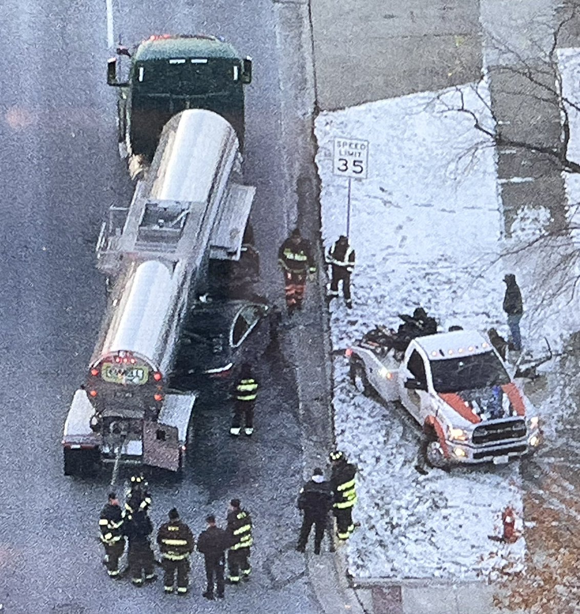 Busy First Avenue is blocked from Cermak to 31st after a car drove up under a tanker truck SB at 24th Street in North Riverside. Use Des Plaines Avenue to bypass the crash. One person transported to a nearby hospital. Chopper 2 watches the drive at