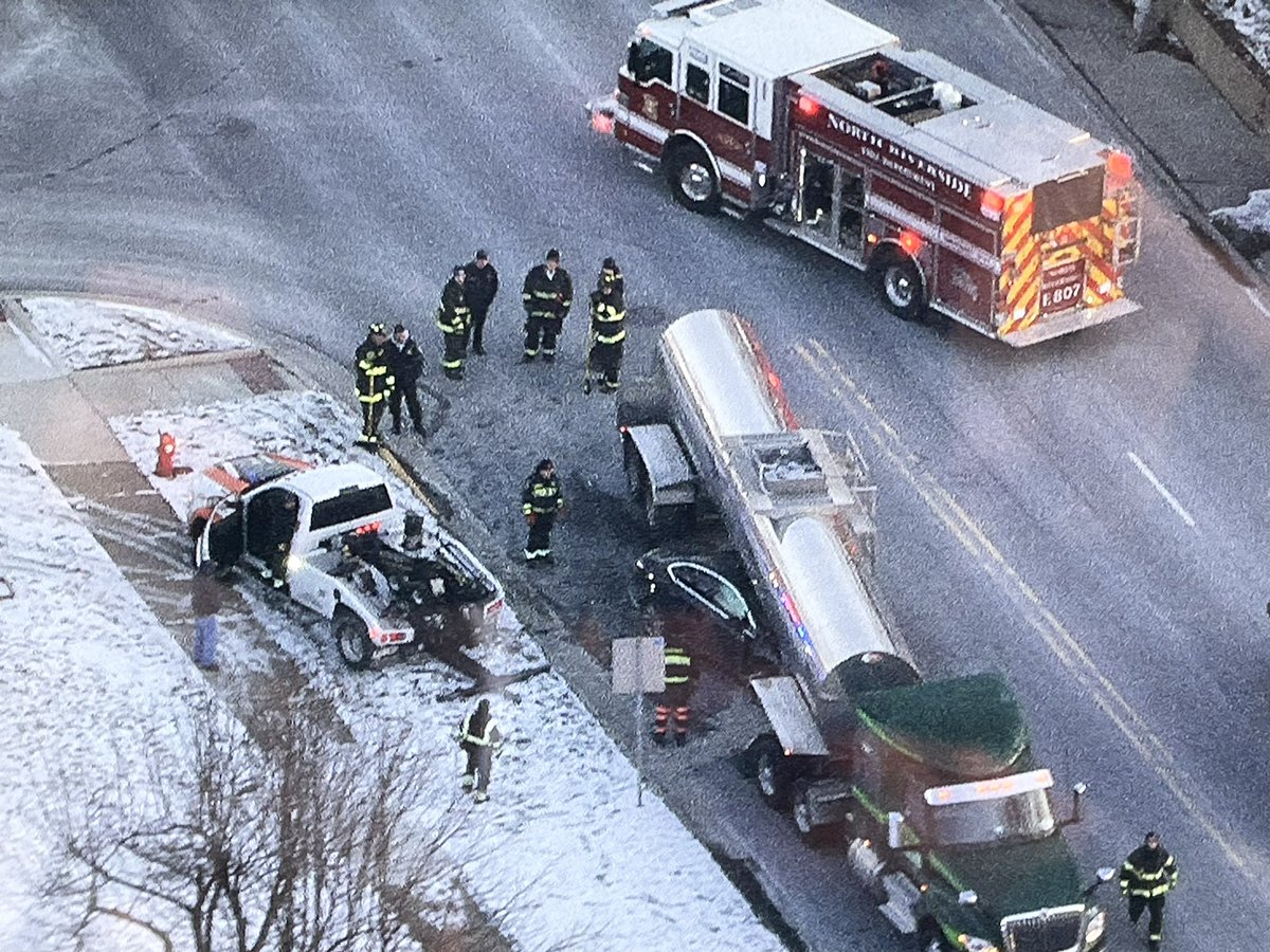 Busy First Avenue is blocked from Cermak to 31st after a car drove up under a tanker truck SB at 24th Street in North Riverside. Use Des Plaines Avenue to bypass the crash. One person transported to a nearby hospital. Chopper 2 watches the drive at