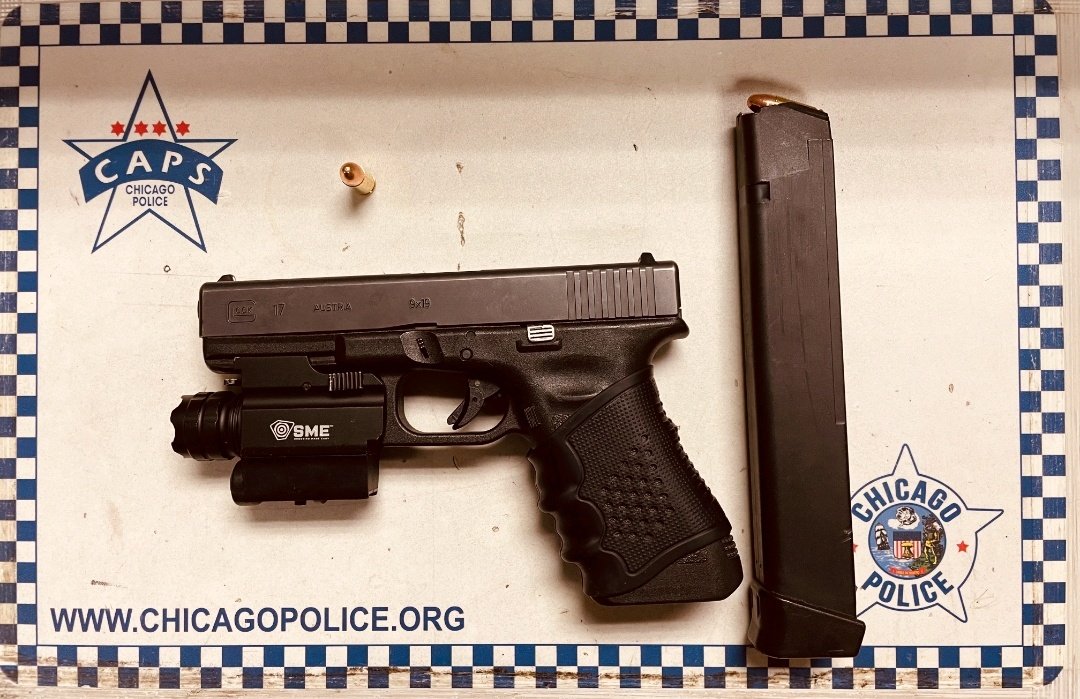 1562 team arrested 2 offenders for UUW Felon after a pod surveillance at 4900 W Ferdinand led to a traffic stop at 5136 W Chicago. Pictured firearm with laser & extended magazine was the recovered firearm