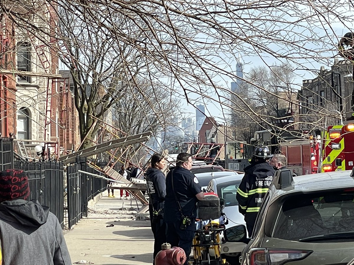 Scaffolding collapse in the 3300 block of W Warren Blvd. Chicago Fire Department says two men were taken to the hospital with serious injuries. Neighbors tell it sounded like an explosion as they watched the scaffolding collapse