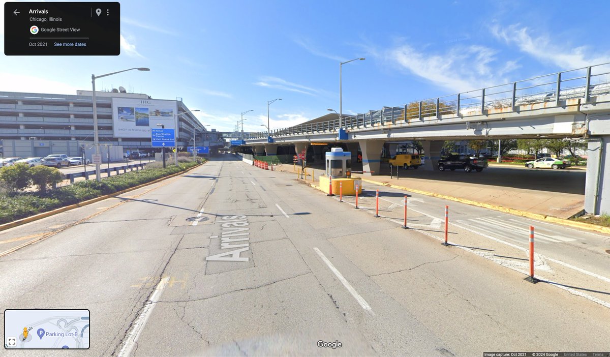 Sounds like a big mess at O'Hare near door Lower 1A by Terminal 1, two cars and a hotel bus crashed, the hotel bus is pressed against a guard booth and some sort of hydrant or large water pipe is leaking a bunch of water. Four ambulances due for multiple transports