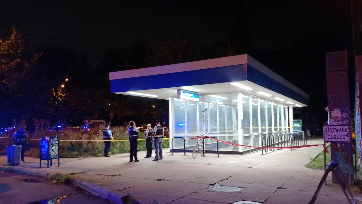 CTA Logan Square Station shooting.  Looks like this was a running shooting. what I mean the shooter and the victim were both moving.  a couple of spots where there were some shell casings it was more on the south end of the grassy area in front of the station right in front of the church 