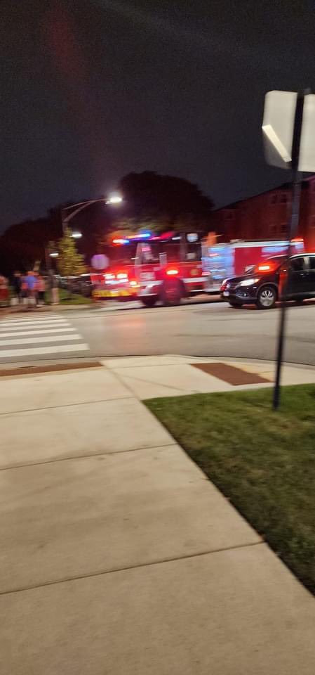 Shooting involved accident - wrong way down 3400 & 3500 Oconto, crash into side of building at Addison & Oconto. . 2nd pic is police where shots were fired. 3rd is fire & ambo where cars are.