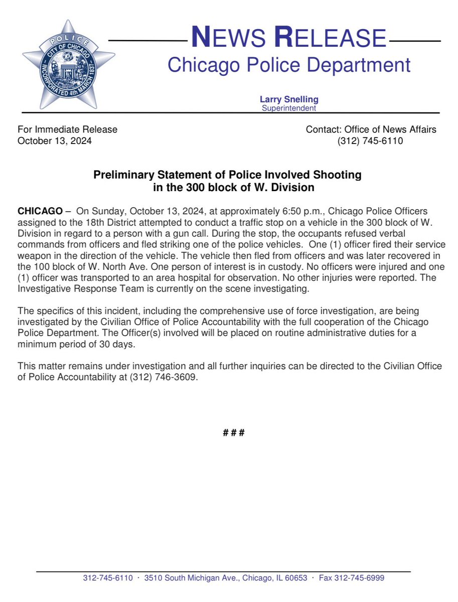 Preliminary Statement of Police Involved Shooting in the 300 block of W. Division @ChicagoCAPS18 (Near North) @Area3Detectives Investigative Response Team ChicagoPolice