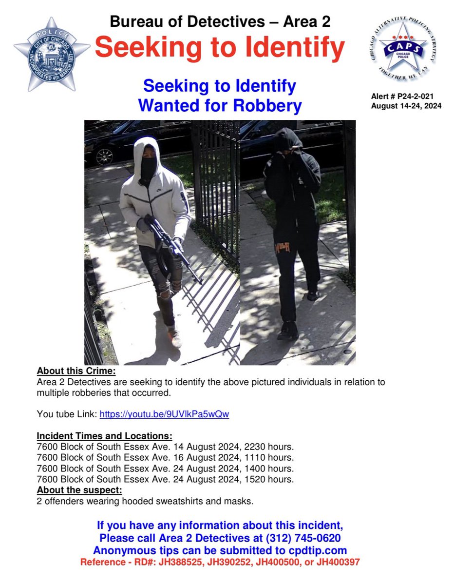 Video of 2 subjects wanted for armed robbery near 7600 block of S Essex. One of the offenders is seen running with a rifle.Help the Chicago Police Department identify these individuals. These individuals are suspected of being involved in multiple robberies.