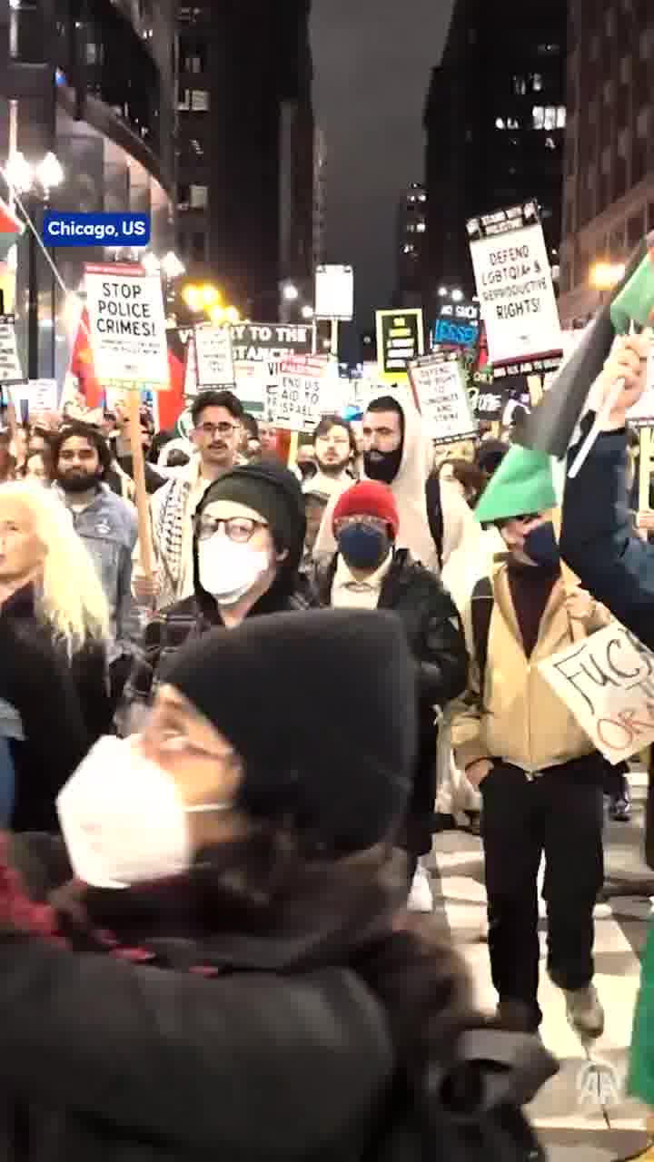 Hundreds of demonstrators are protesting against Donald Trump's election as US president, gathering at Chicago's Federal Plaza and marching to the Trump Hotel•  Among those marching were those carrying Palestinian and Lebanese flags to show their support