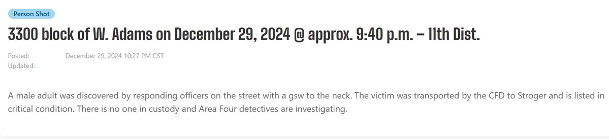 Male shot in the neck, 3315 W Adams Critical Chicago   the victim is a John Doe for now, about 20 to 30yo.the shooting was captured on CPD POD camera