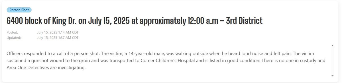 Boy (14) shot in the groin, 6400 S King Chicago