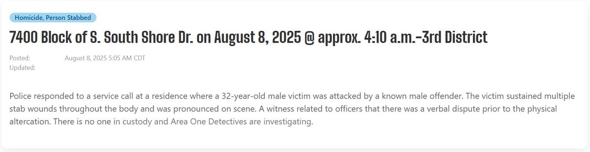 Male (32) stabbed to death, 7425 S South Shore Drive Chicago   the caller said a male named Lavelle is deceased, she also said Lavelle's brother burst in the back door and killed him. the victim was pronounced on scene at 0432 hours by Dr. Tataris