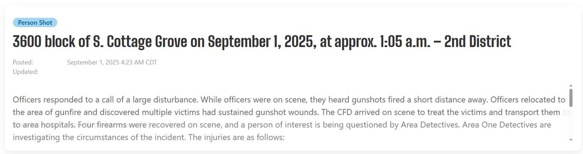 5 shot, 3620 S Cottage Female 36 - left leg. Male 17 - multiple GSWs (Critical) Male 33 - left arm, left leg. Male 26 - left leg. Male 33 - right leg, R arm