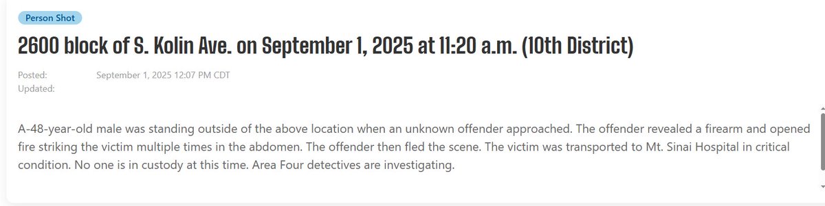 Male (48) shot in the abdomen 3x,2657 S Kolin Critical Chicago   a PO initiated CPR on the victim