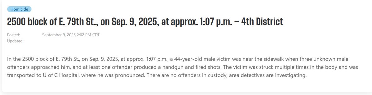 Male (44) shot & killed,2518 E 79th St Chicago   his GSWs are chestright thighright shoulderleft knee the victim was pronounced at 1337 hours by Dr.