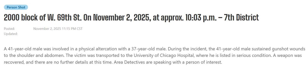 Male (41) shot in the abdomen & shoulder, 2042 W 69th St Chicago   got one detained with  a weapon recovered