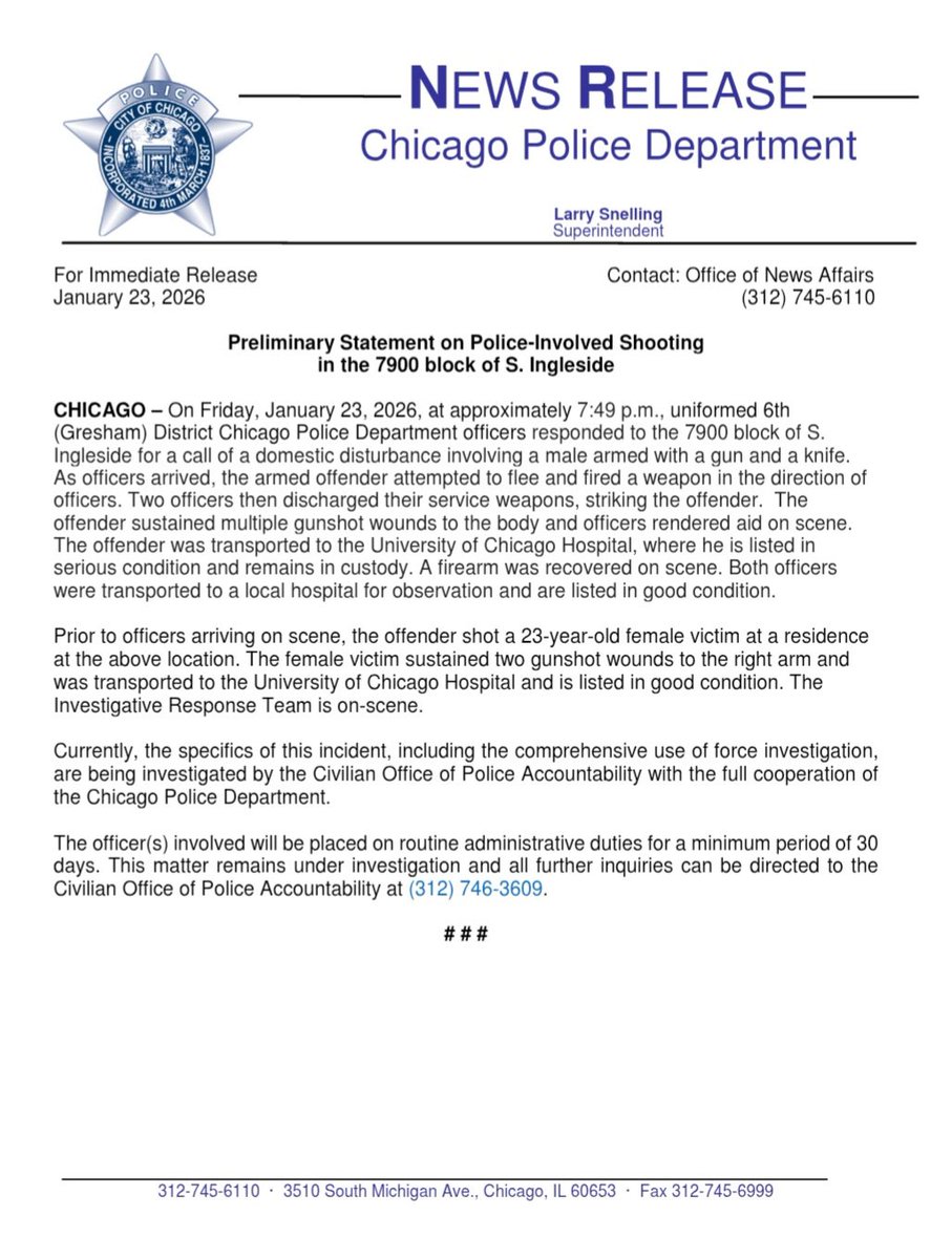 Preliminary Statement on Police-Involved Shooting in the 7900 block of S. Ingleside