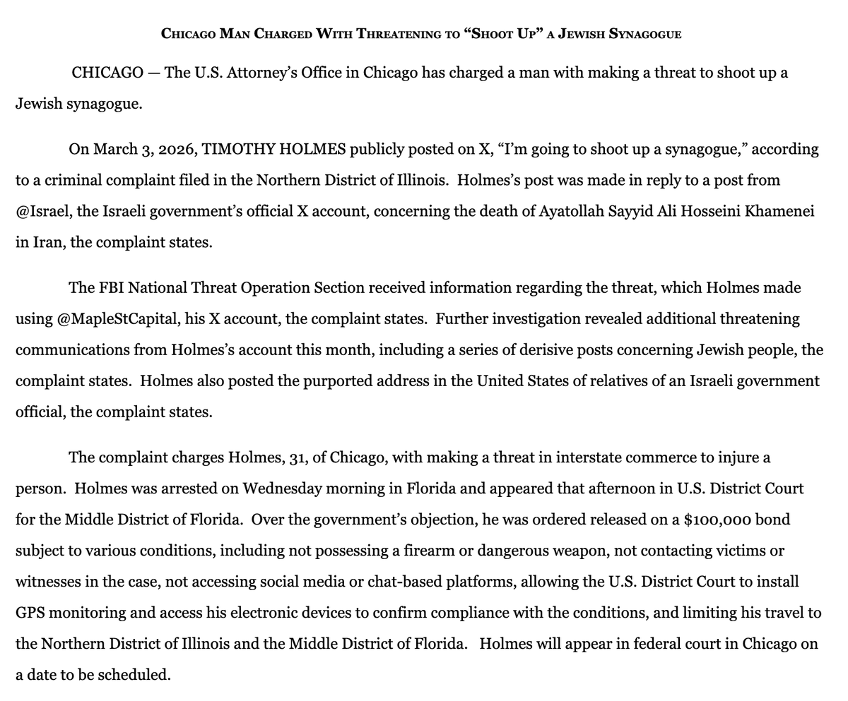 Federal prosecutors have charged Timothy Holmes, 31, of Chicago with allegedly threatening to shoot up a Jewish synagogue: