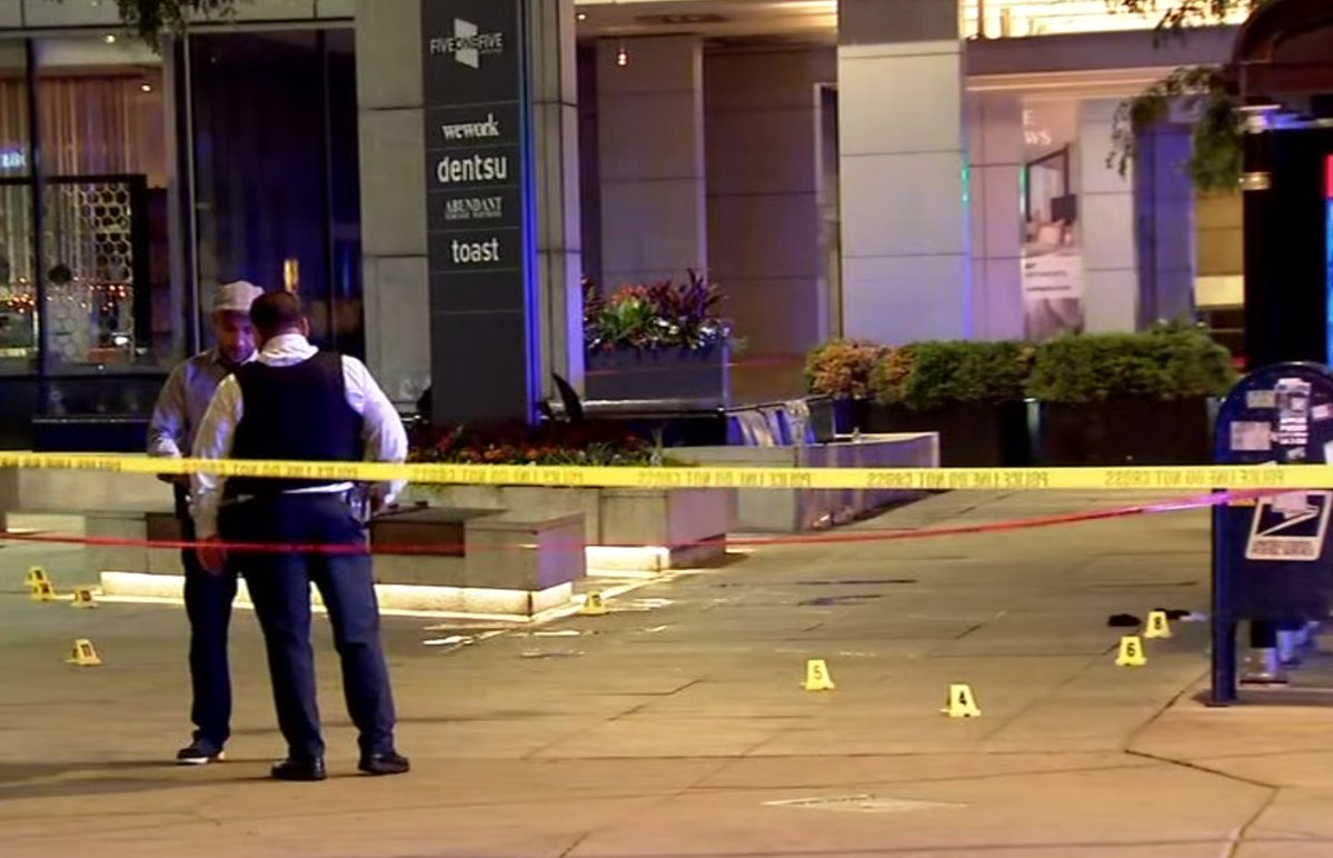 Two men were shot near the Royal Sonesta Hotel in River North at 3:20 AM Wednesday. The 30-year-old died at Northwestern Memorial Hospital. The 65-year-old was shot in the foot and is in fair condition. Over 100 evidence markers at the scene. No arrests