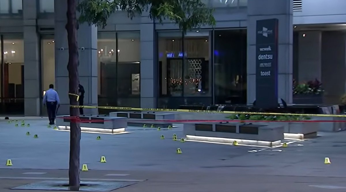 Two men were shot near the Royal Sonesta Hotel in River North at 3:20 AM Wednesday. The 30-year-old died at Northwestern Memorial Hospital. The 65-year-old was shot in the foot and is in fair condition. Over 100 evidence markers at the scene. No arrests